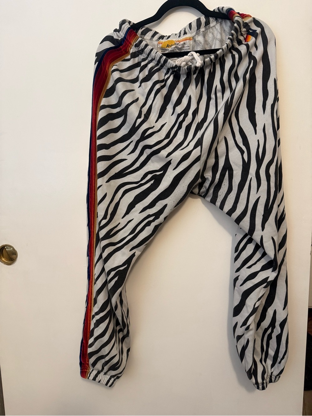 Aviator Nation Zebra Stripe sweats with Rainbow Side Bands.